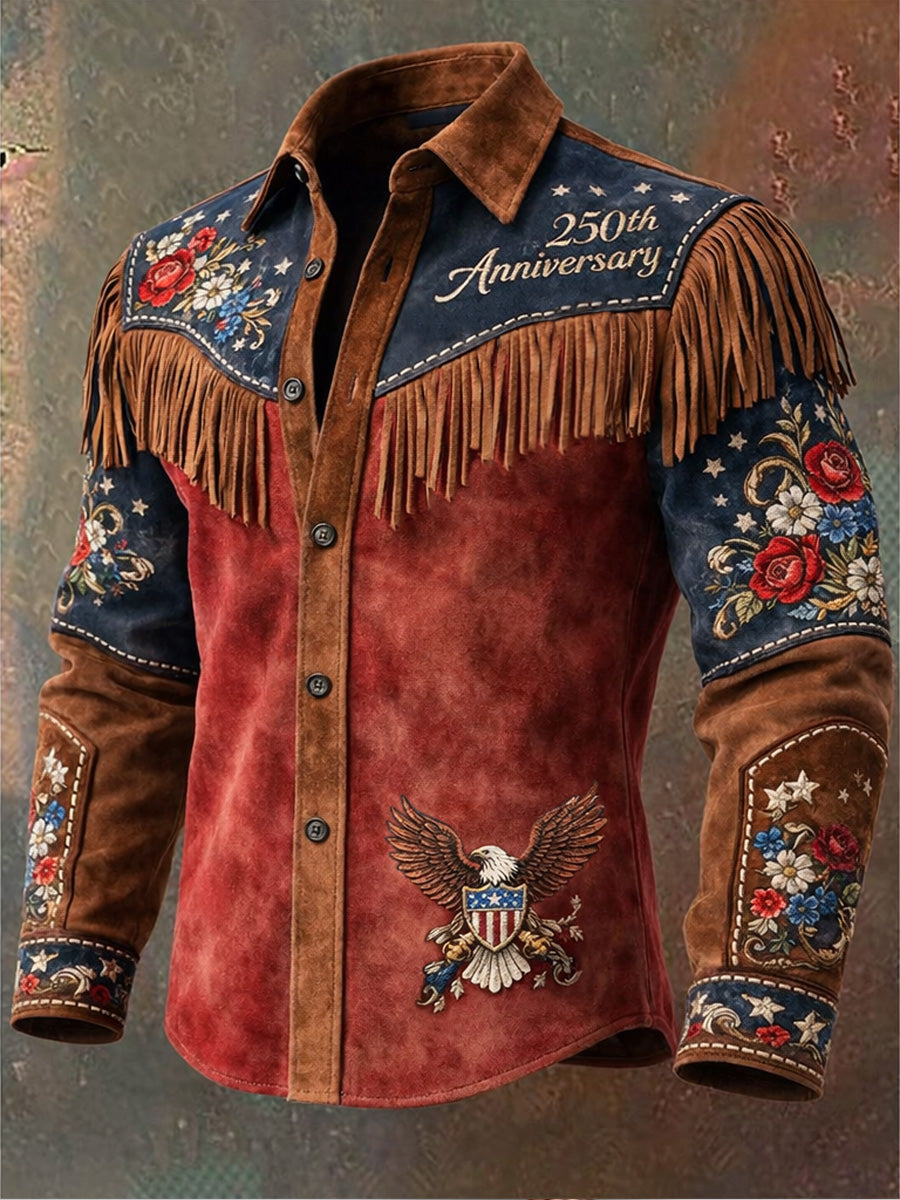 Men's Retro Western Style 250th Anniversary Print Vintage Tassel Casual Long Sleeve Shirt